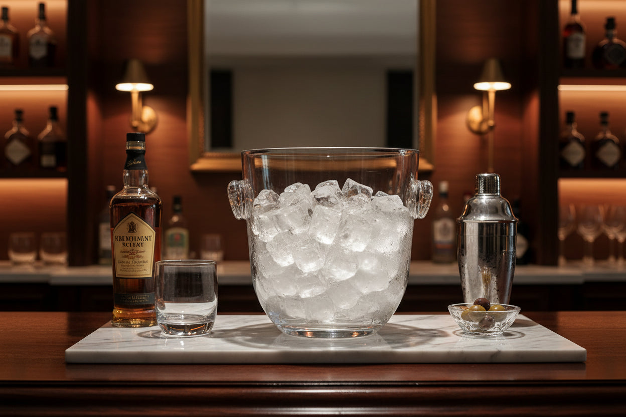 Clear glass ice bucket with handles on a white background