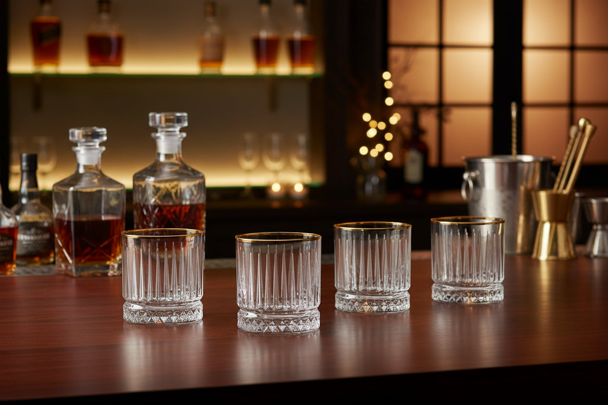 Set of 4 crystal double old fashioned glasses with gold rim against a white background.