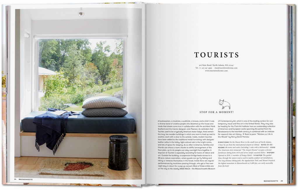 Open book showing a interior design layout with a bench and window view.