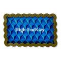 Blue geometric patterned tray with 'High-End Gay' text on a white background