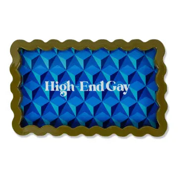 Blue geometric patterned tray with 'High-End Gay' text on a white background