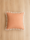 Fabricut Neighbor in Apricut with creamy white Pom Pom fringe