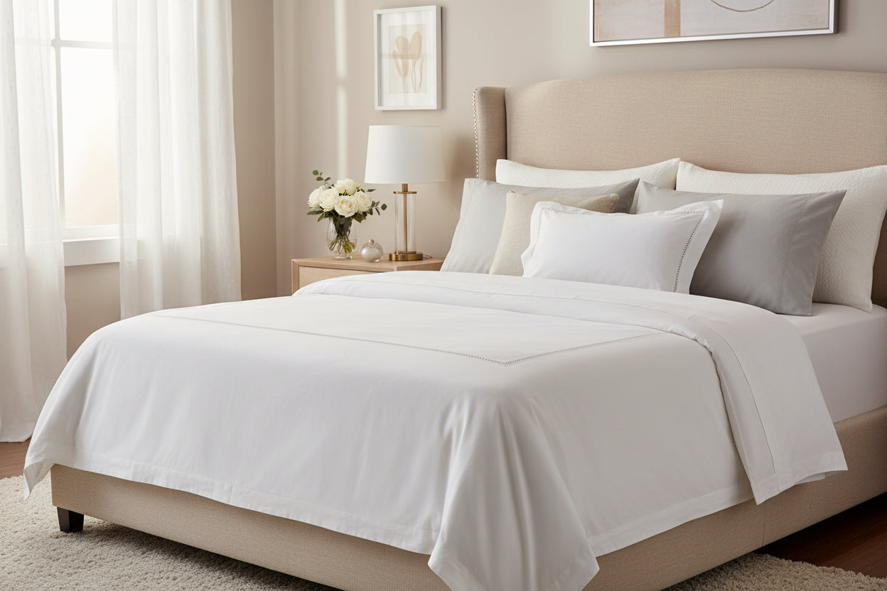 White pillow with decorative stitching on a white background