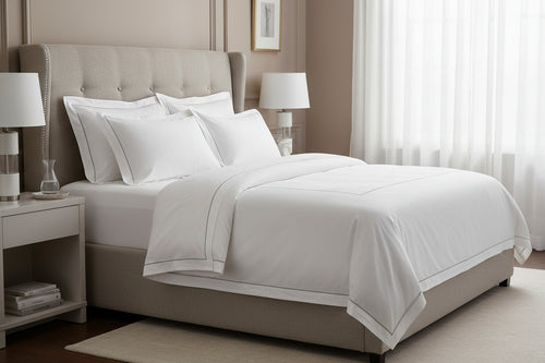 Set of three white pillows with decorative black stitching on a black background