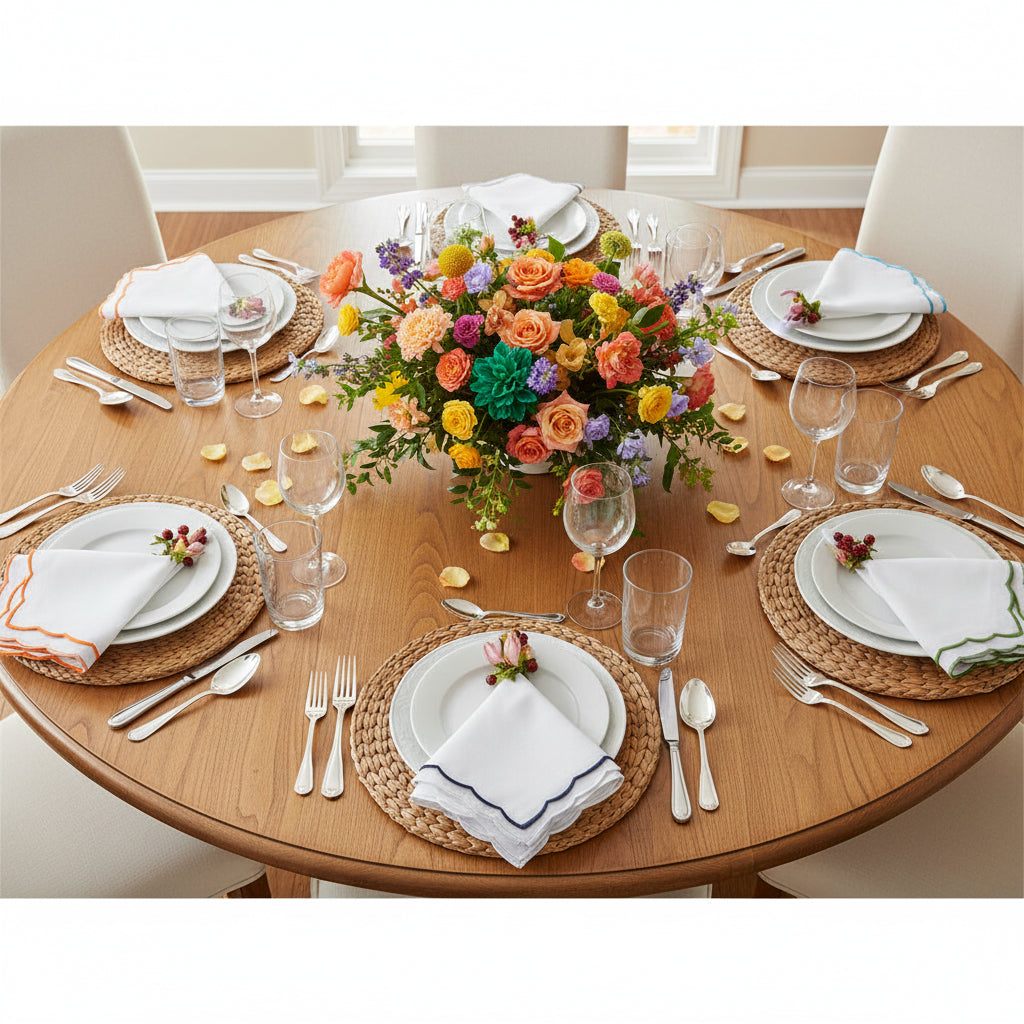 Set of colorful scalloped dinner napkins with different color borders on a white background