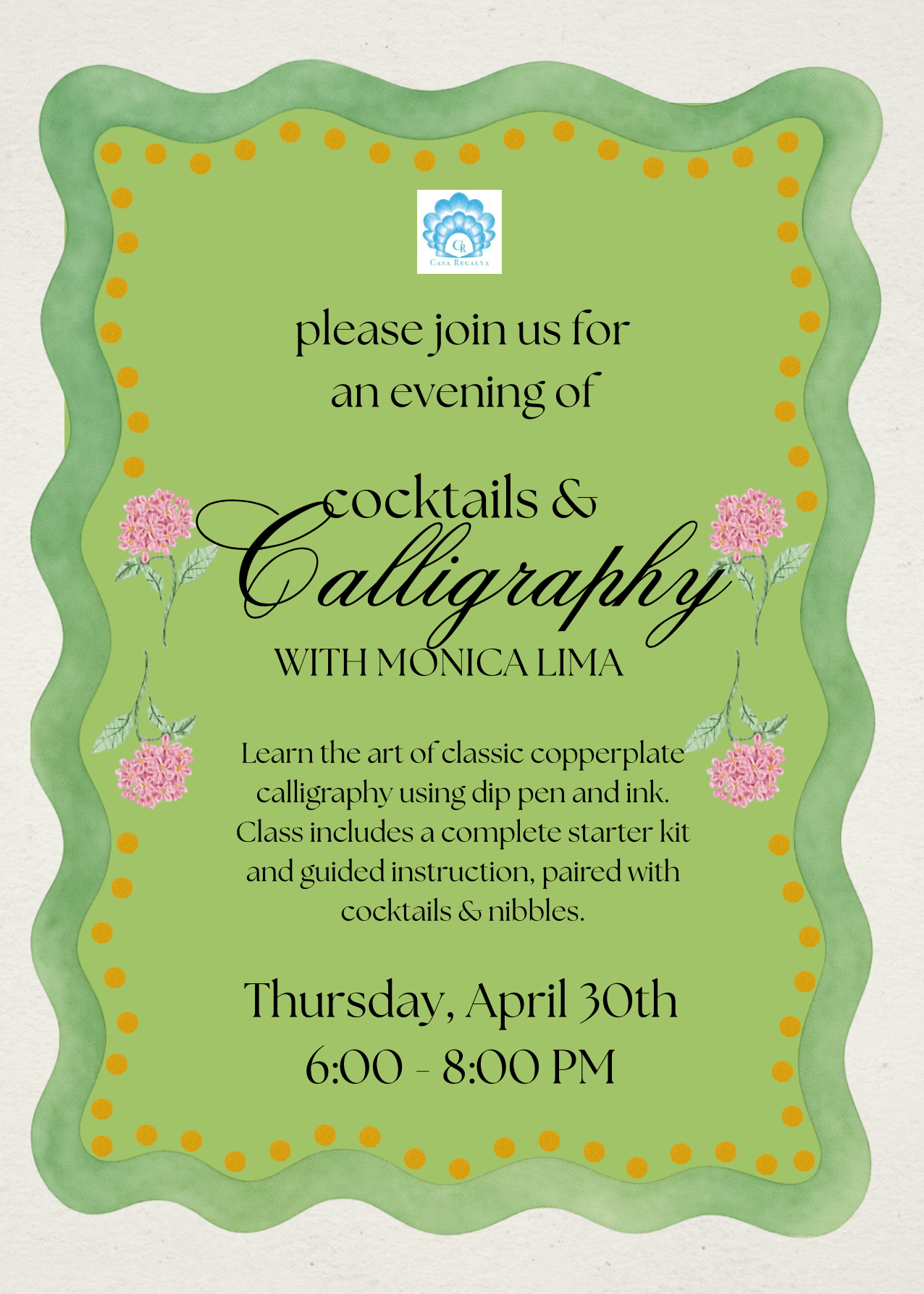 Cocktails & Calligraphy with Monica Lima - April 30th