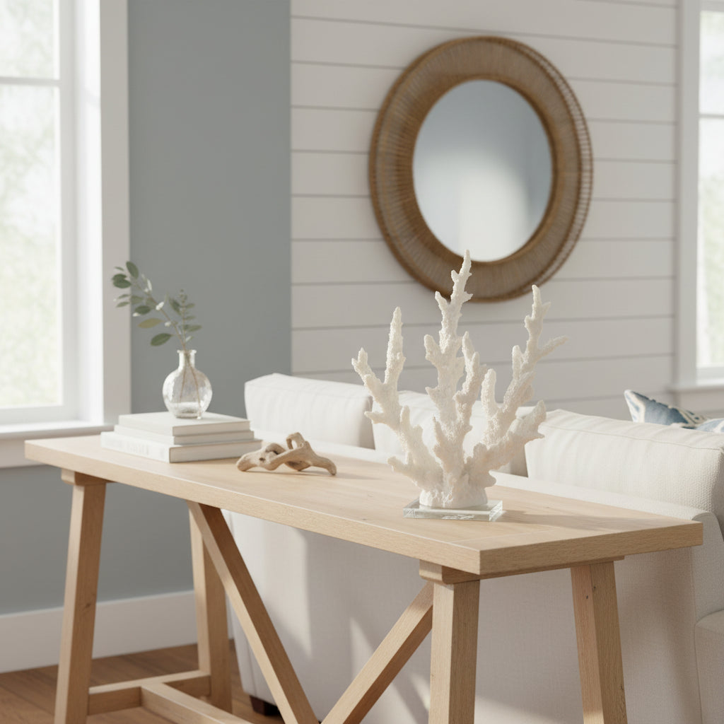 Decorative white coral sculpture on glass base against a white background