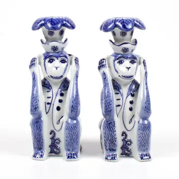 Porcelain Chinoiserie Monkey Candlestick (Set of 2)