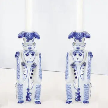 Porcelain Chinoiserie Monkey Candlestick (Set of 2)