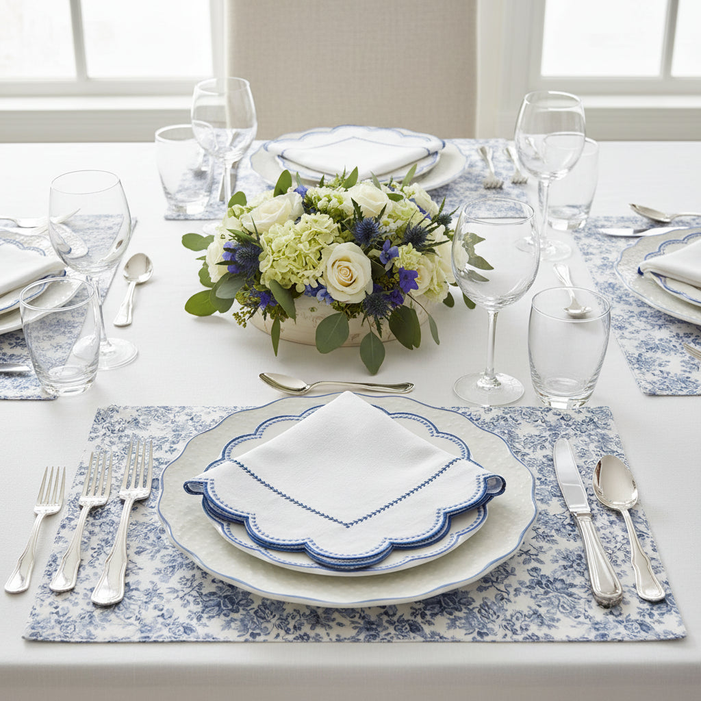 White plate with blue decorative rim on a white background
