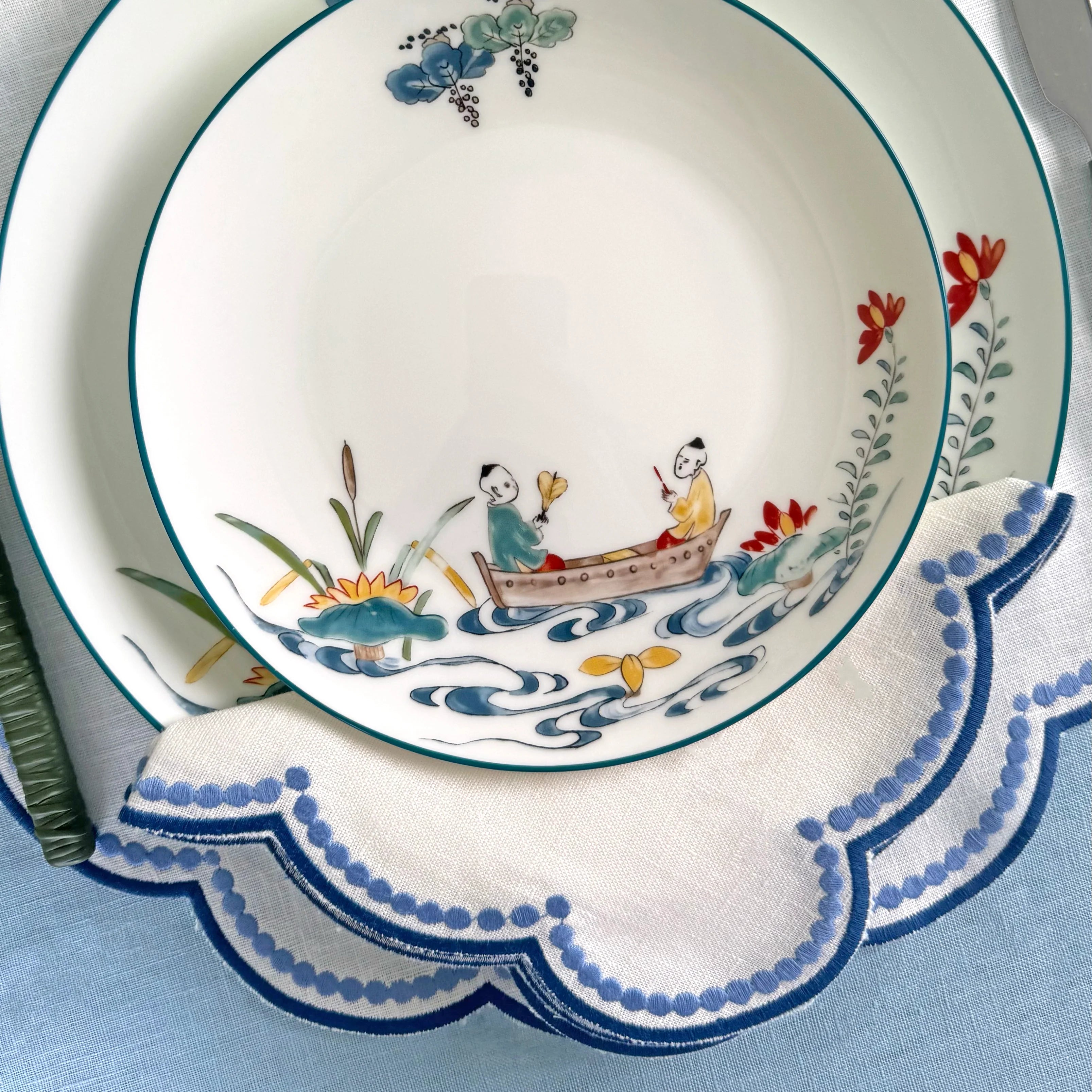 Lilibeth White & Blue Embroidered Linen Napkin